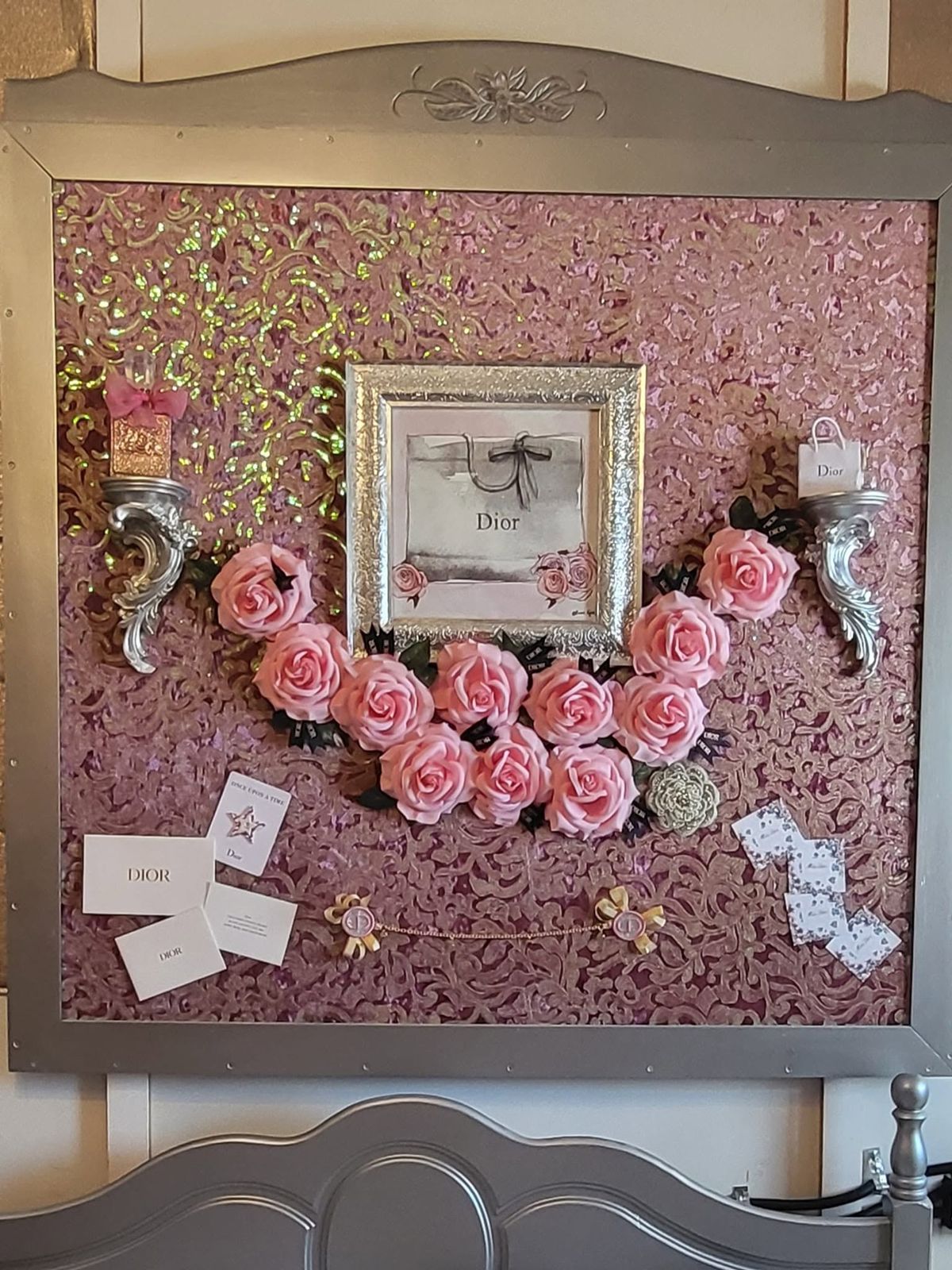 Dior room headboard with pink roses and silver frame